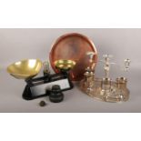 A collection of metalwares, to include The Viking scales, silverplate, copper tray etc.