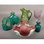 A mixed collection of coloured glasswares including Vasart style dish, Mdina vase and modern