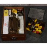 A box of mostly door items to include vintage brass handles, finger plates, locks etc.