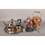 A collection of metalwares, to include Viners silverplate teaset, copper kettle etc.