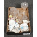 A box of miscellaneous, to include Royal Standard bone china, cut glassware, flower baskets etc.