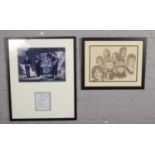 A framed Beatles print along with a photocopied autographed picture of the Beatles.