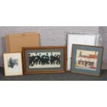 A collection of framed prints/paintings, Police officers taking a break to include silver snap