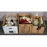 Three boxes of miscellaneous to include oriental lithograph panel teawares, decorative table lamp,