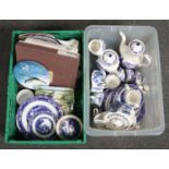 Two boxes of ceramics including a Ringtons Willow pattern service with coffee and teapot etc.