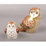 Two Royal Crown Derby Collectors Guild owl paperweights, Short Eared Owl and Owlet, both with gold