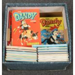 A box of Dandy annuals including 1970s and 80s and four equestrian prints.