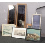 A collections of painting and mirrors to include W.J.Houston framed oil on board sea side scene etc.