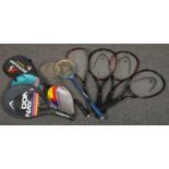 A collection of tennis & squash rackets, Dunlop Black Max 500, Head, Ascot mota examples