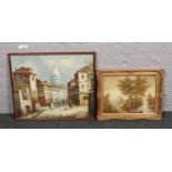 D. Stone, A framed oil on canvas, continental street scene, along with a gilt frame oil, rural