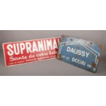 Two vintage French enamel advertising signs. Largest 25cm x 72cm.