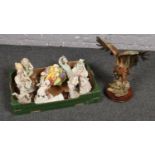 Two boxes of ceramic figures, Capo di monte Golden eagle on Rocks, fruit bowl, Jango clown