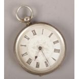 A silver pocket watch with silver dial and roman numeral markers.
