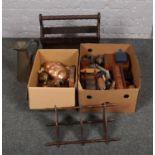 Two boxes of wooden and metalwares, to include magazine rack, copper, horse and cart etc.