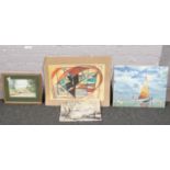 A framed gouache picture, country scene monogrammed JSO, along with three unframed works including a