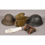 A World War I Zuckerman helmet, similar Brodie type helmet, Russian kidney shaped military