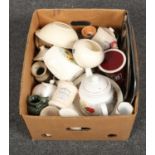 A box of miscellaneous, to include Blue Stilton storage jars, Sylvac etc.