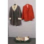 A box of vintage clothing to include Morlands sheepskin coat size 36, Morel of London suede jacket