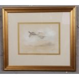 Christopher Hughes (b.1955) gilt framed watercolour. Pheasants in flight. Signed, 19cm x 25cm.
