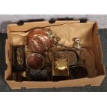 A box of metalwares to include Silver candlestick, wine bottle coasters, brass mantel clock etc.