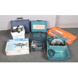 A collection on power tools to include Makita drill, Power craft router table, AEG drill, Makita saw