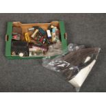 A box of railway to include 00 gauge track, Hornby 902 circuit control, carriages etc.