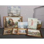 A large quantity of oil on canvas paintings to include still life flowers, woodland scenes etc.