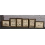 Seven framed antique engravings, agricultural implements.