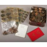 A box of 19th and 20th century British copper coins and two Isle of Man coin sets etc.