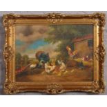 Style of Edgar Hunt, gilt framed oil on canvas, farmyard scene. Signed B. Kaudetzky, Munchen.