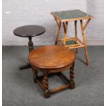 Three pieces of occasional furniture, to include bamboo tile top table, oak barley twist and one