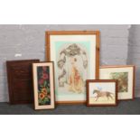 A collection of tapestry's, prints & carved wooden plaque