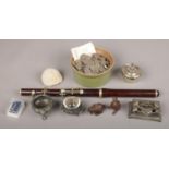 A mixed lot of collectables including a rosewood flute, dish containing Elizabeth II six pences