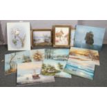 A large quantity of oil on canvas paintings to include still life flowers, bird, woodland scenes