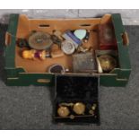 A box of collectables to include cased set of scales, salter spring balance scales, harmonicas,