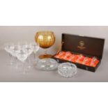 A collection of glassware, to include Waterford, boxed Webb glasses, amber coloured vase etc.