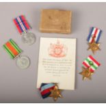 Five World War II medals with packet and letter of issue. War, Defence, Italy, France & Germany