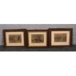 Three framed hand coloured engravings, depicting hunting scenes.