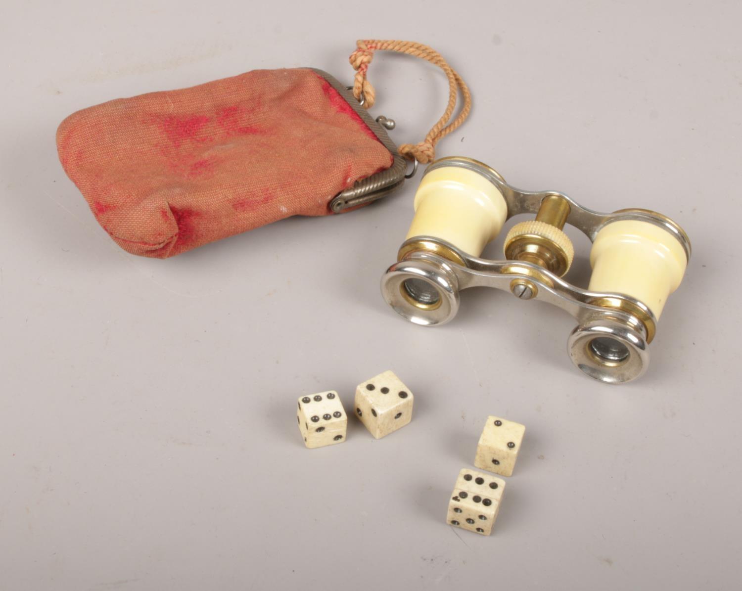 Vintage opera glasses with fabric purse to include four bone dice. - Image 2 of 2