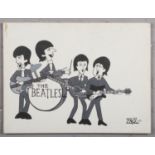 A monochrome box canvas caricature portrait of the Beatles. Signed Zack 1971, 45cm x 61cm.