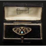 A cased 9ct gold Art Nouveau turquoise and pearl brooch c.1925. Marked 375 D.R.P Angem, 34mm wide.