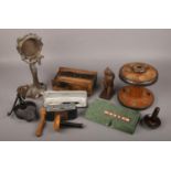 A box of collectables to include Chinese brush set, wooden carved bear, vintage camera, cased Parker