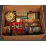A box of vintage tins to include Cadbury's biscuits, Player's gold leaf, Mcvites etc.