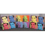 Style of Andy Warhol, three box canvas Marilyn Monroe and Elvis Presley, 58cm square. Provenance;