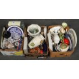 Three boxes of miscellaneous pottery, china and glass. Including boxed crystal, meat plates and