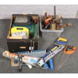 Two boxes of tools to include saws, screwdrivers, hole saw accessories etc.