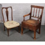 An Edwardian mahogany bedroom chair and a Georgian oak commode armchair.