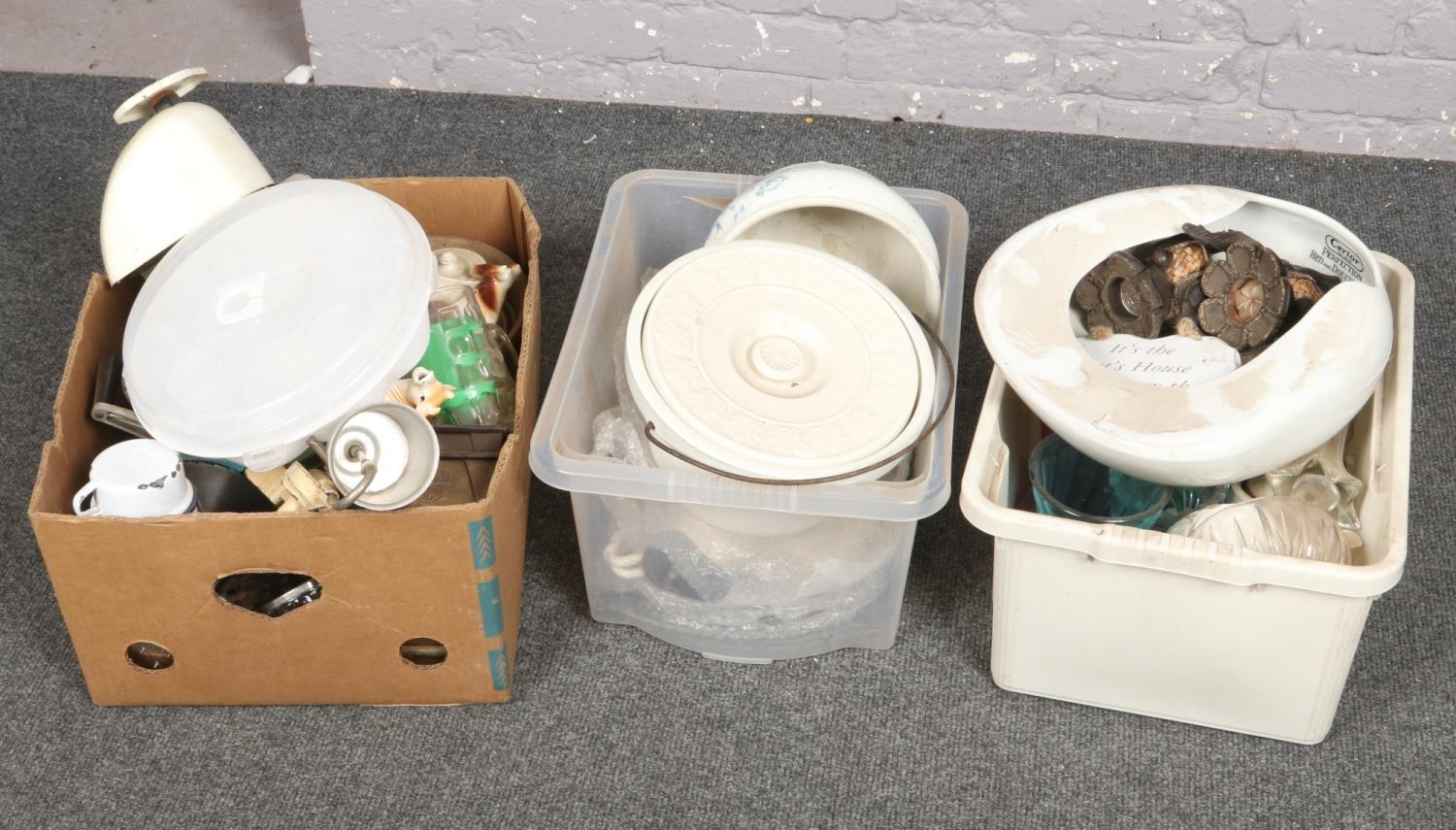 Three boxes of assorted Kitchenalia, cake tins, mixing bowls, storage jars etc
