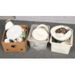 Three boxes of assorted Kitchenalia, cake tins, mixing bowls, storage jars etc