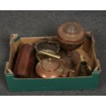 A box of metalwares, Vintage copper kettle, Tea Urn, Large jug etc